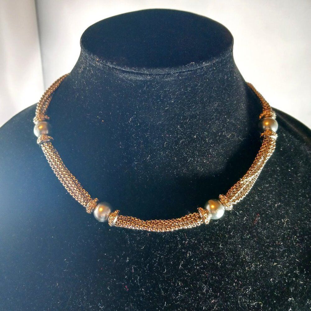 Vintage 80's Silver Tone Custom Jewelry Choker Grey Faux Pearl Necklace
